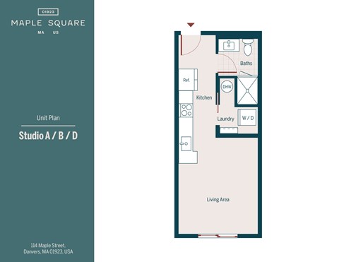 A floor plan for a studio apartment with a living area, kitchen, bathroom, and laundry space.